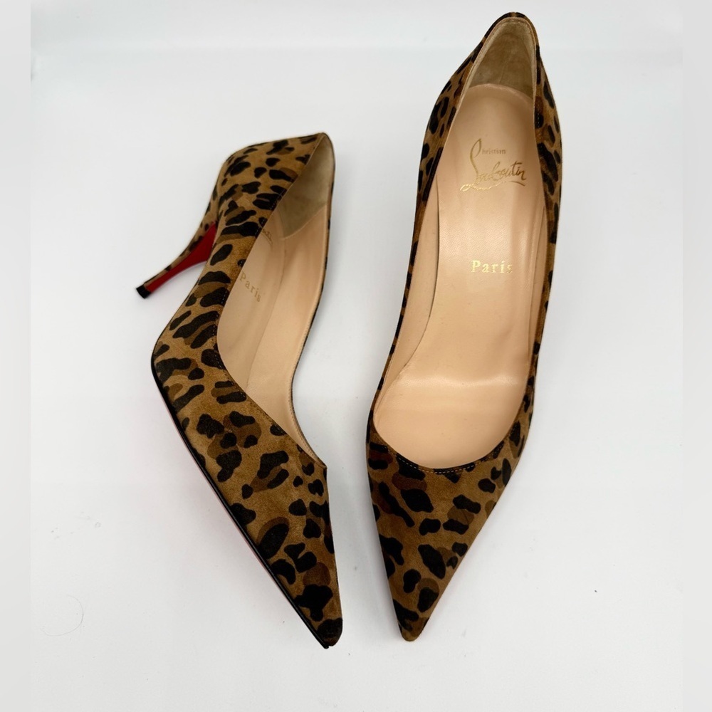 Christian Louboutin Black Brown Leopard Leather Clare 80mm pointed pumps EU 38